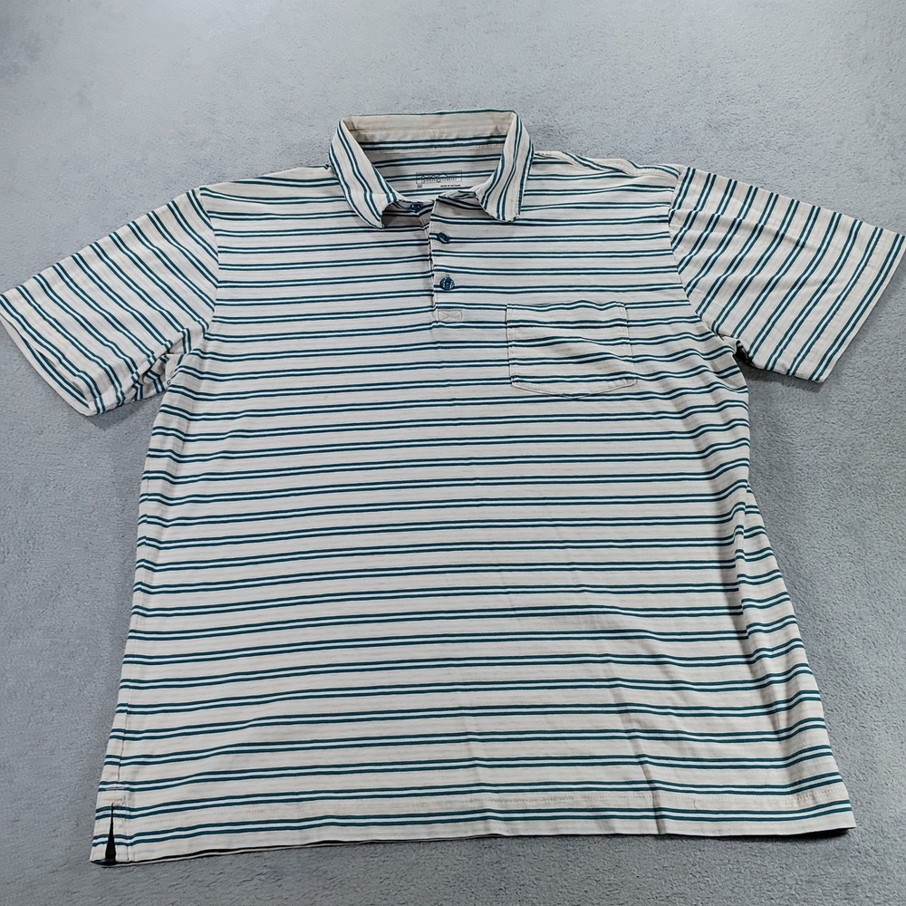 Patagonia Mens Organic Cotton Striped Polo Teal Cream Medium Pocket Shirt